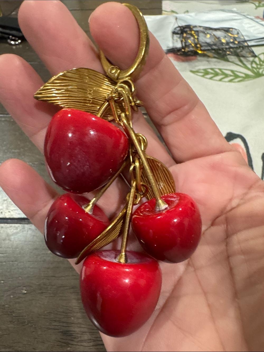 Gold Cherry Cluster Keychain - Red Cherries